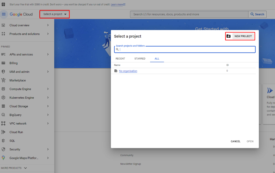 Creating a new project in Google - Step 1