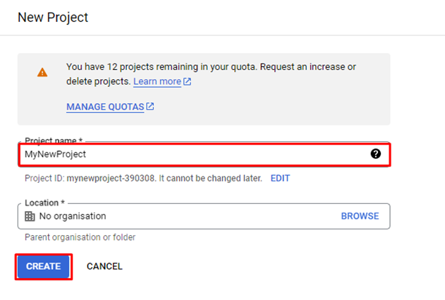 Creating a new project in Google - Step 2