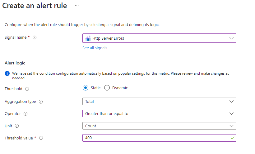 Creating an alert rule for Azure Logic App