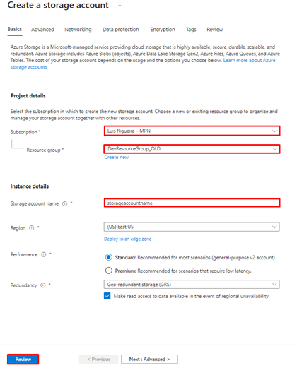 Review and click on Create Azure Storage account