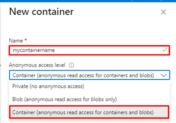 Choose the container name and create