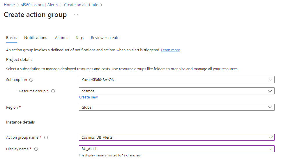 Creating an action group in Azure Portal