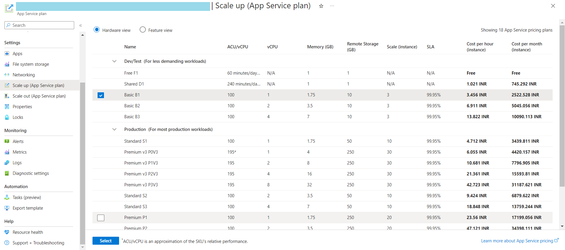 Azure App Service Scaling in Azure portal