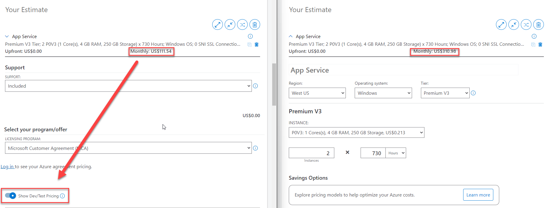 Azure App Service Pay-as-you-go and Dev/Test pricing