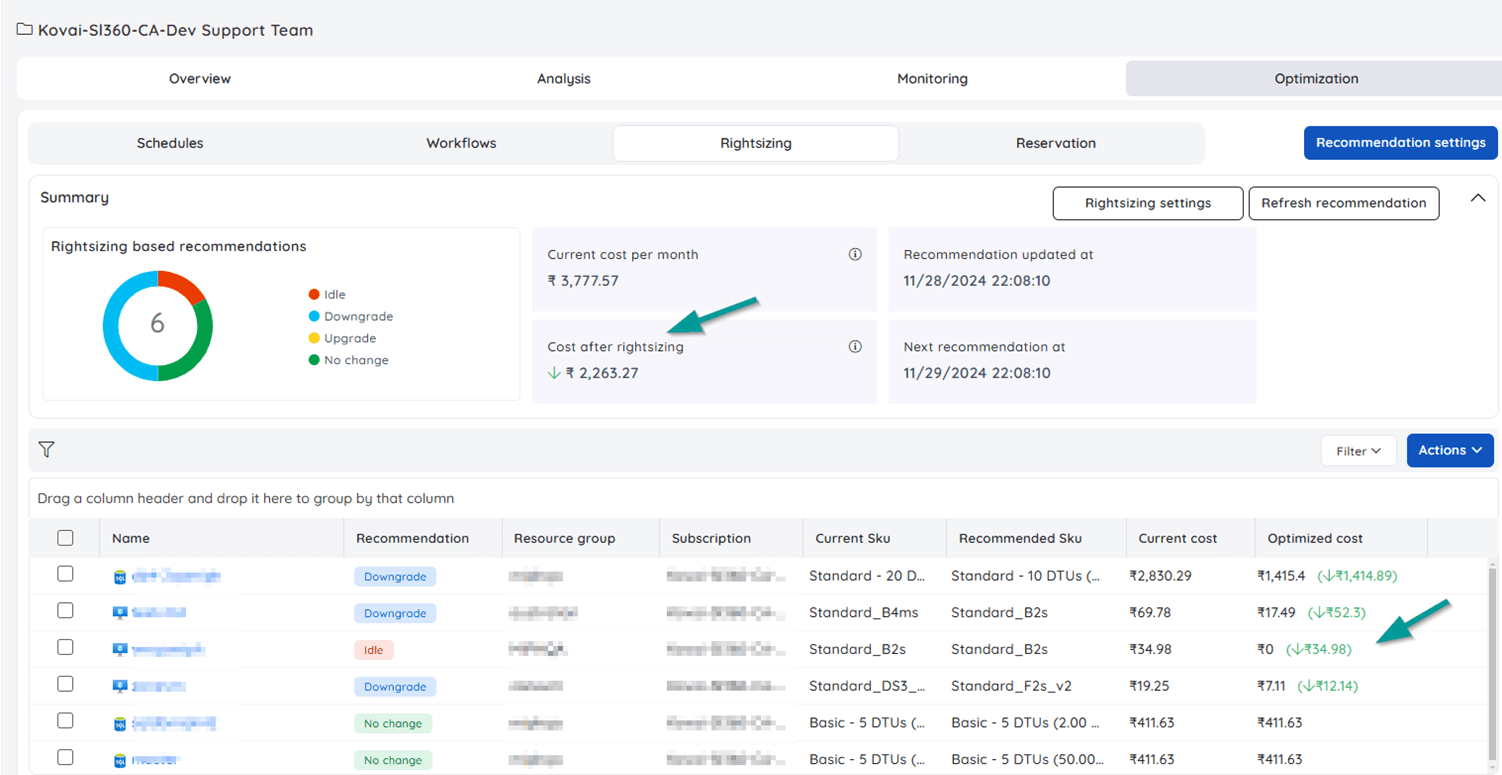 azure cost recommendations